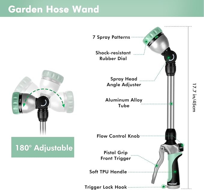 RESTMO Heavy Duty Metal Hose Wand, Watering Wand for Garden Hose | 180° Swivel Ratcheting Head, 16'' Hose Sprayer, 7 Spray Patterns, Flow Control, Ideal for Hanging Baskets & Shrubs, Cyan