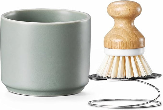 ONEMORE Bamboo Dish Brush with Ceramic Foaming Base, Kitchen Sink Scrub Brush Set with Spring and Mesh Insert, Wooden Handle Dishwashing Brush for Pots Pans Plates Bowls, Light Green