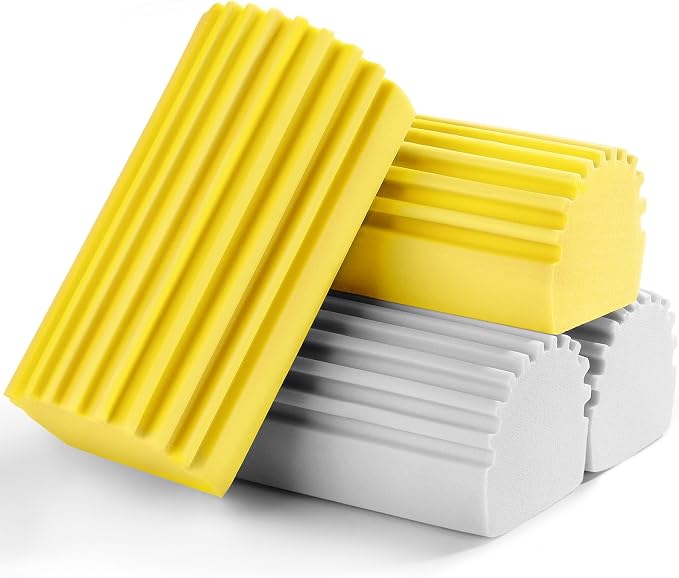 Jeymei Damp Clean Duster Sponge,4Pcs Dust Sponge for Cleaning,Gray & Yellow | Damp Dusting Sponge with Ridges,Baseboard Cleaning Tool,Reusable Wet Duster Sponge,Household Cleaning Sponges for Blinds