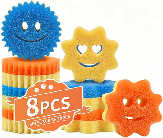 8 Pack Scrub Sponges, BIH Smile Dual-Sided Dish Sponge, 2 Shapes Temperature Sensitive Non Scratch Kitchen Sponges for Kitchen, Bathroom, Windows & All Household Surfaces, Stain & Odor Resistant
