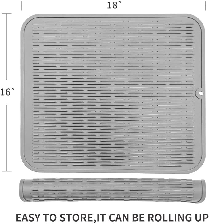 MicoYang Silicone Dish Drying Mat for Multiple Usage,Easy clean,Eco-friendly,Heat-resistant Silicone Mat for Kitchen Counter or Sink,Refrigerator or Drawer Liner Grey XL 18 inches x 16 inches