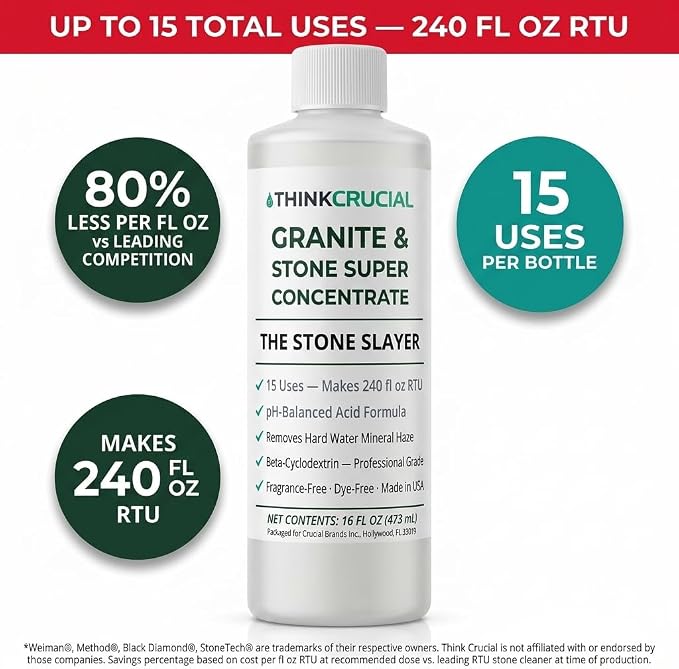 Think Crucial Granite & Marble Countertop Cleaner Concentrate, Stone Safe, 240 oz RTU, 16 fl oz