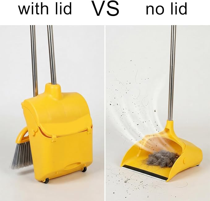 Long Handle Heavy Duty Broom and Dustpan Set, Outdoor and Commercial Upright Dustpan and Brush for Restaurant Garage Garden Yard Office, Yellow
