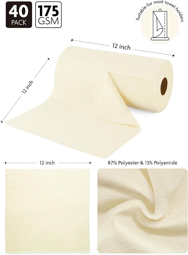 Fantasticlean Microfiber Cleaning Cloth Roll- 40 Sheets, 12" x 12" (Beige) | Super Absorbent, Lint-free, Tear-away Microfiber Towel Roll, for All-Purpose Cleaning, Reusable Alternative to Paper Towels