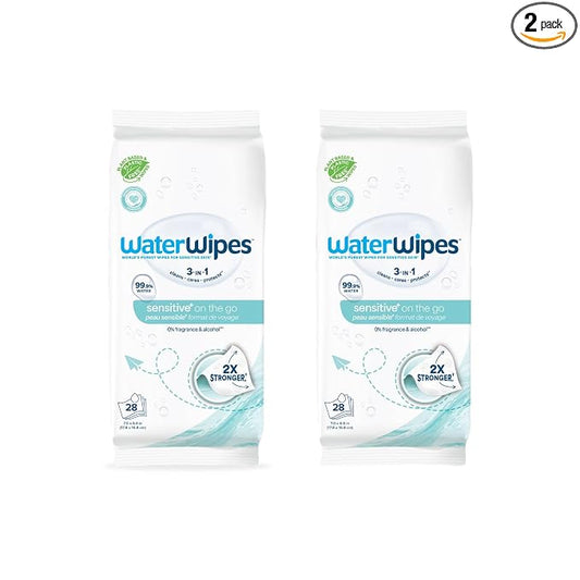 WaterWipes Sensitive+ On The Go Wipes, 3-In-1 Cleans, Cares, Protects, 99.9% Water, Unscented & Hypoallergenic Wet Wipes, 28 Count (Pack of 2)