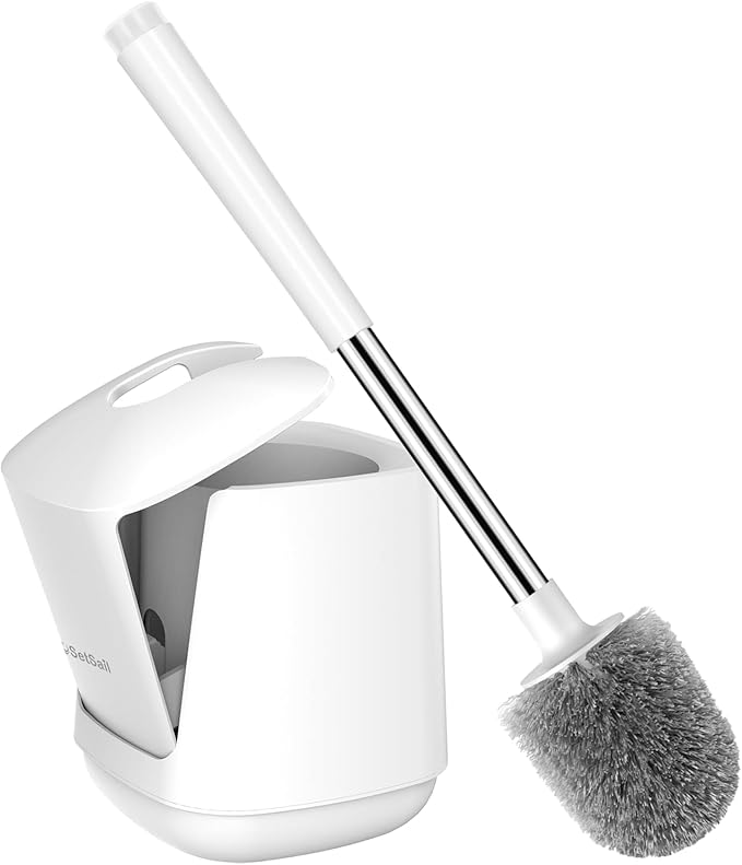 SetSail Toilet Brush, Self Closing Lid Toilet Bowl Brushes Holder and Extra Long Handle Ventilated Toilet Brush Set for Bathroom Cleaning, Nylon Bristles, Pure White