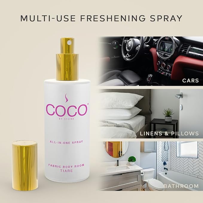 COCO by Stone 5oz All-in-One Spray Tiare Fabric & Room Mist | Shake-and-spray formula for fabrics, pillows, clothing, and rooms with a luxurious Tiare fragrance. Vegan & cruelty-free.