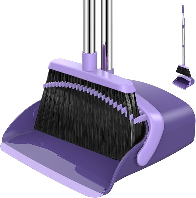 NACENA Broom and Dustpan Set with 52-in Long Adjustable Handle, Purple | Broom Dustpan Combo with Dustpan Teeth to Automatically Clean Hair Suitable for Home Kitchen Office Hall Floor