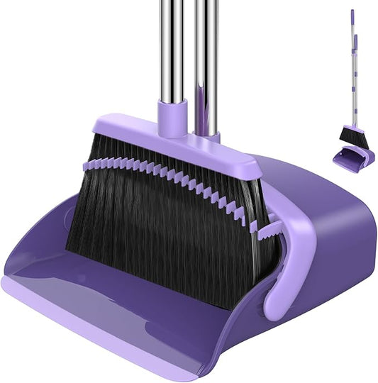 NACENA Broom and Dustpan Set with 52-in Long Adjustable Handle, Purple | Broom Dustpan Combo with Dustpan Teeth to Automatically Clean Hair Suitable for Home Kitchen Office Hall Floor
