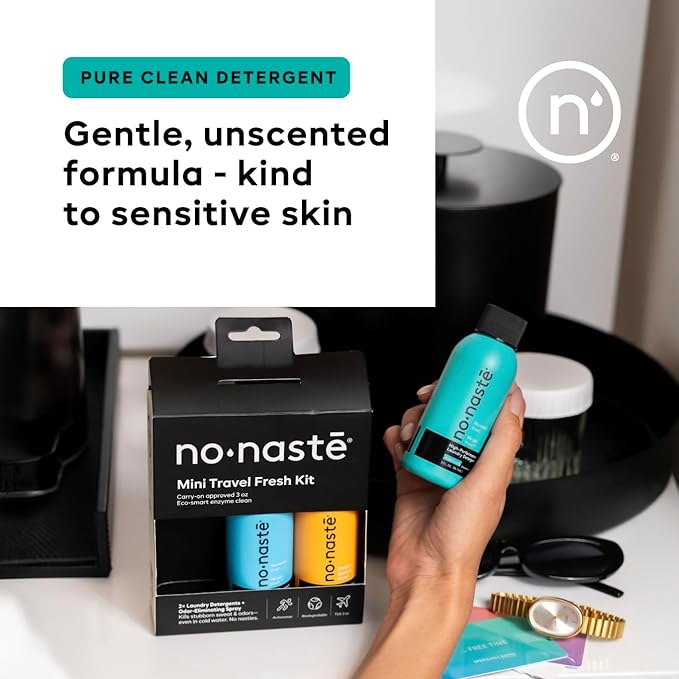 Nonaste Travel Odor Eliminator & Laundry Detergent Kit, TSA, 3 oz, Pk 3 | TSA-Approved Travel Set: Odor Eliminator Spray + Laundry Detergent. On-The-Go Odor Control for Gym, Travel & Outdoors.
