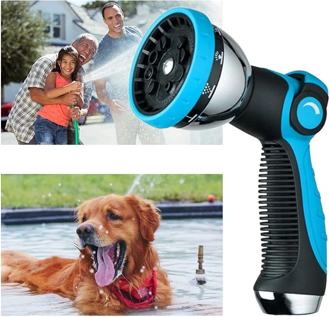 Garden Hose Nozzle Spray Nozzle,10 Hose Metal Duty Watering Patterns Thumb Control On Off Valve, High Pressure Nozzle Sprayer for Watering Plants, Car Wash,Cleaning,Showering Pets Blue