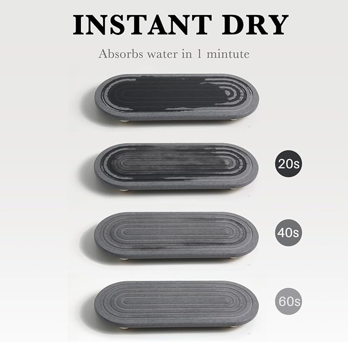 Instant Dry Sink Caddy Organizer – Water Absorbing Stone Tray for Kitchen Bathroom Countertop, Fast Drying Sink Caddy (with Wooden Feet and Natural Loofah, Gray)