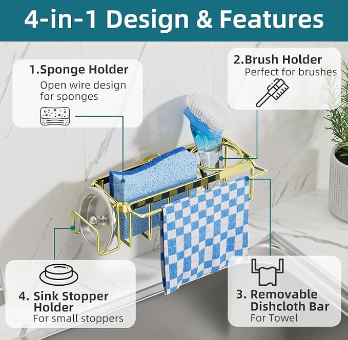 TAILI 4-in-1 Sink Caddy with Strong Suction Cup, Sponge Holder for Kitchen Sink Organizer, Removable, Rustproof, Stainless Steel Holder for Sponge, Brush, Scrubber, Scraper - Gold