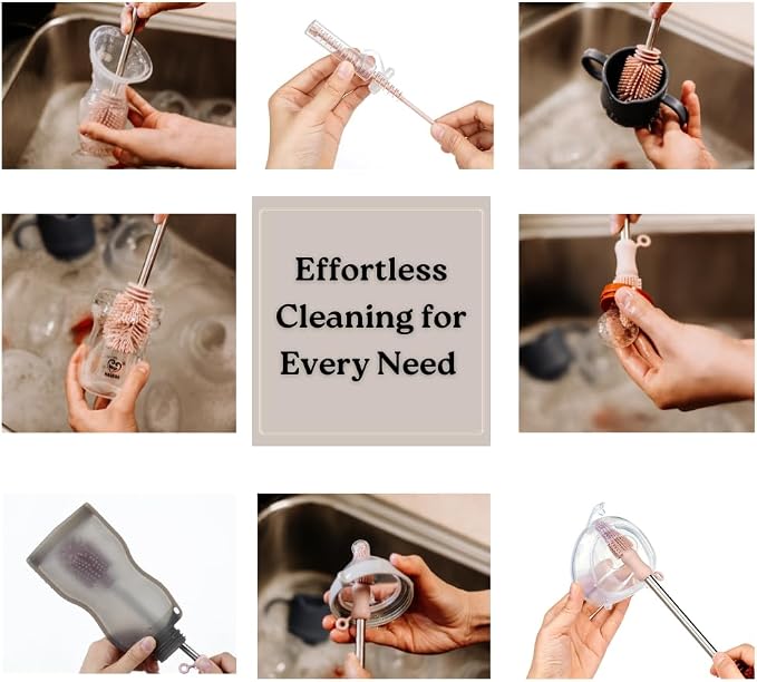 Haakaa Silicone Cleaning Brush Kit – Household Cleaning Brushes for Bottles and Crevices – Food-Grade Silicone: Dishwasher Safe (Kit-Mist Blue)