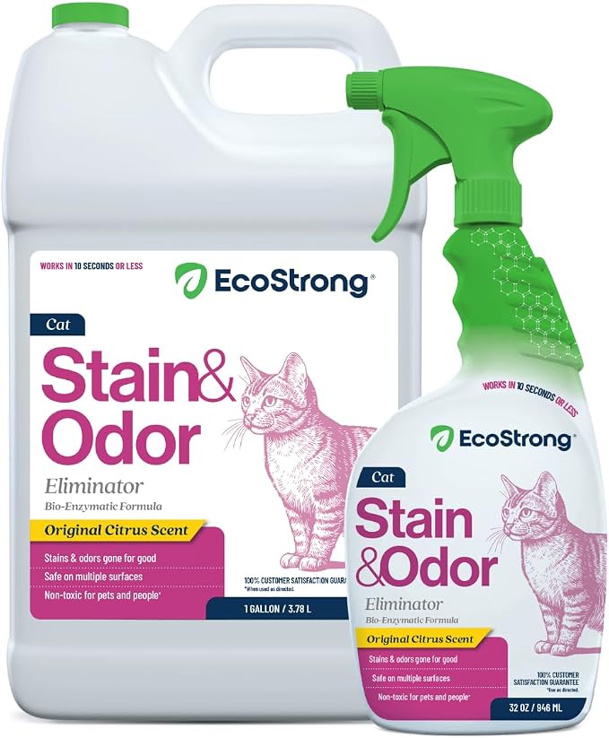 Eco Strong Cat Stain and Odor Remover| Enzyme Urine Odor Neutralizer - Stain Remover for Carpet, Litter Boxes, Bedding, and Laundry [160 Fl Oz Bundle]