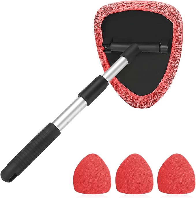 Extendable Car Windshield Cleaning Tool with Microfiber Pads, Red | reusable glass-wiper design, interior and exterior window use, fits most cars, SUVs, and trucks, automotive cleaning tools