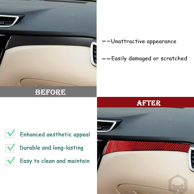 Red Real Carbon Fiber Trim for Nissan Rogue Accessories | for 2014-2020 / Rogue Sport 2017-2022 Co-Pilot Dashboard Cover Sticker Interior Thick Overlay Decal