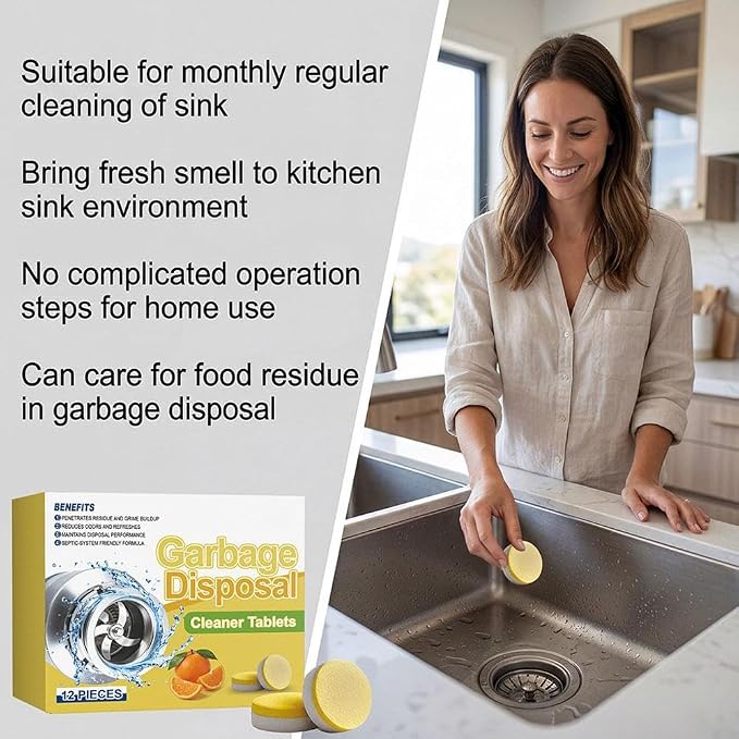 Garbage Disposal Cleaner and Deodorizer Tablets - 12Pcs, Powerful XXL Foaming Disposal Cleaner - Citrus Scented Foam, Natural Garburator & Sink Freshener, Septic Safe Kitchen Drain Cleaning Care