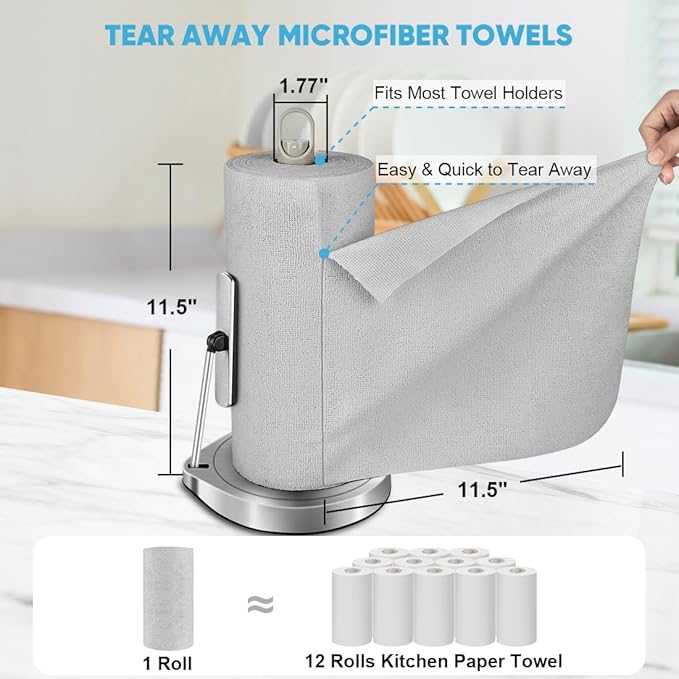 AIDEA Microfiber Cleaning Cloth Roll-50PK, Paper Towels Reusable 11.5×11.5" | Tear Away Towels, Washable Shop Rags, Microfiber Towels for Cars, Lint Free Rags for House, Kitchen, Window, Grey