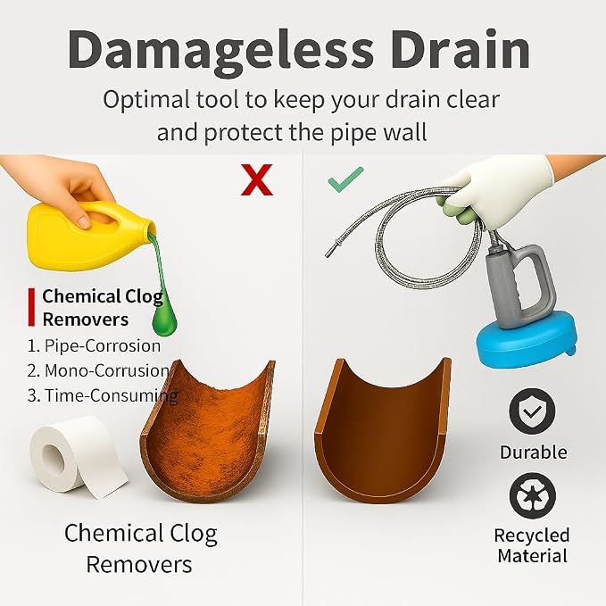 50 FT Drain Snake Hair Drain Clog Remover, Manual Or Powered, Plumbing Snake With Drill Adapte,Unclog Sink Drain Tool, Drain Auger for Toilet、Shower、Kitchen、Sink, No Auto Retract Or Feed, Blue