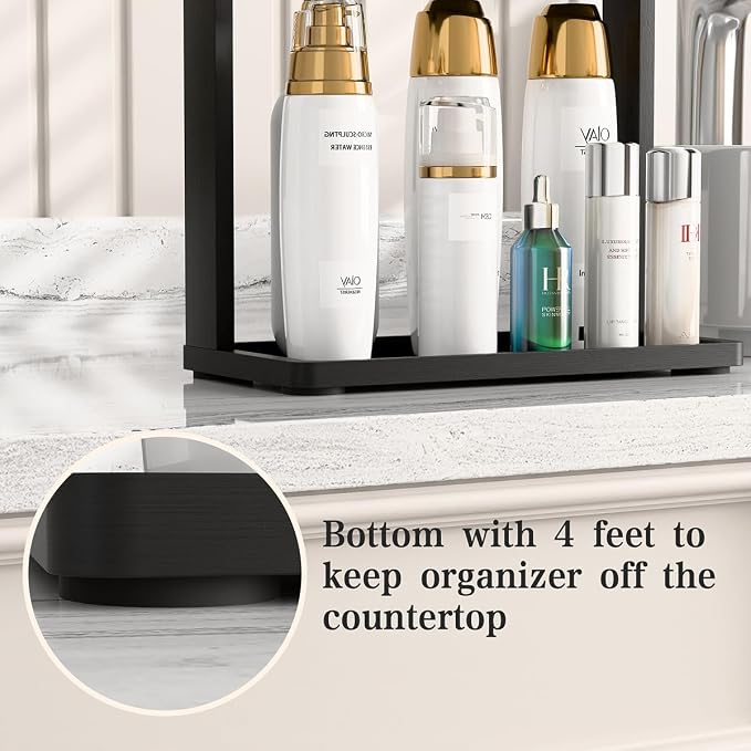 PEKER Bamboo Bathroom Organizer Countertop – Small Vanity Storage Shelf for Makeup, Perfume, Skincare – Natural Cosmetics Display Rack for Dresser, Sink, Kitchen –Black