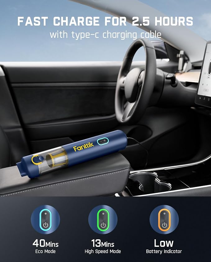 Fanttik Slim V8 APEX Car Vacuum, 4-in-1 Portable Mini Cordless Vacuum with 19000pa Suction Power for Pet Hair, Type-C Charge, One-Touch Empty for Car, Office Desk, Keyboards (Blue)