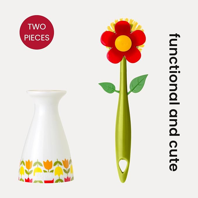 Vigar Flower Power Dish Brush - Flower-Shaped, Dish Brush with Handle, Dish Scrubber with Stand, Scrub Brush for Dishes, Dishwashing Brush, Kitchen Scrub Brush, Kitchen Essentials - White, Red