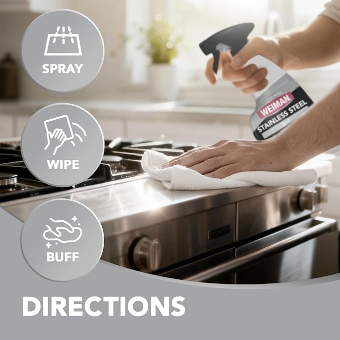 Weiman Stainless Steel Cleaner & Polish, Anti Fingerprint Spray Stainless Steel Cloth, Water Spots & Grease, No Streaks or Residue, Safe for Metal Polish, Chrome, Appliances, Fridge, Sinks & Grills
