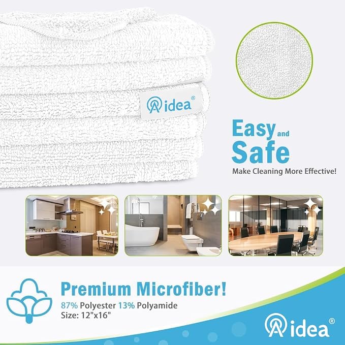AIDEA White Microfiber Cleaning Cloth-8PK, Cleaning Rags 12"x 16" Reusable | Microfiber Towels for Cars Lint Free, Absorbent Microfiber Towels, Kitchen Towels Dusting Cloth Dish Rags, Cleaning Supplies