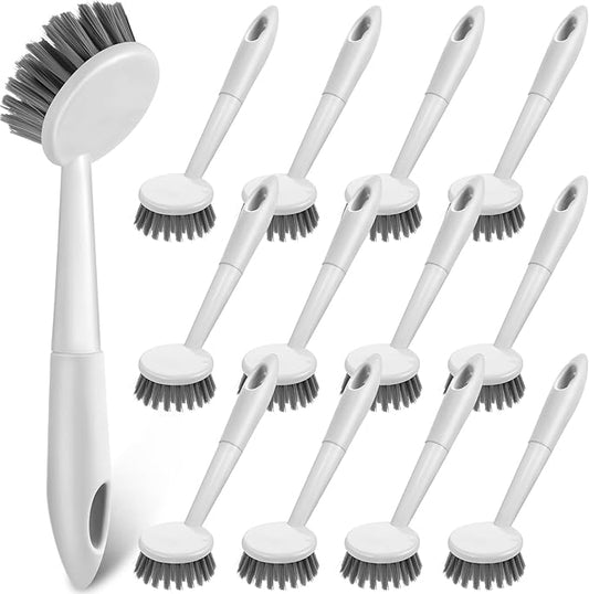Patelai 12 Pack Kitchen Scrub Dish Brush with Long Handle Dish Scrubber with Stiff Bristles Scrub Brushes for Kitchen Dishes Washing Tools, Pots, Pans and Sink Cleaning (Gray White)