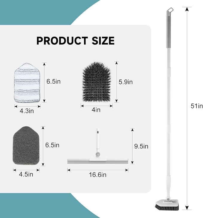 nacena Shower Scrubber with Long Handle, 4 in 1 Tile Tub Scrubber Brush with 3 Detachable Cleaning Shower Heads and Floor Squeegee Shower Cleaner Brush for Bathroom Kitchen Tub Sink Floor, Grey White