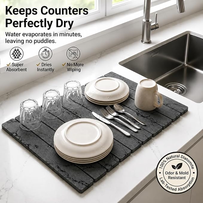 Stone Dish Drying Mat for Kitchen Counter Large Quick Dry Diatomaceous Earth Stone Drying Mat Foldable Water Absorbent Dish Drying Mat for Dishes Cups Bottles Kitchen Sink Countertop (Grey Marble)