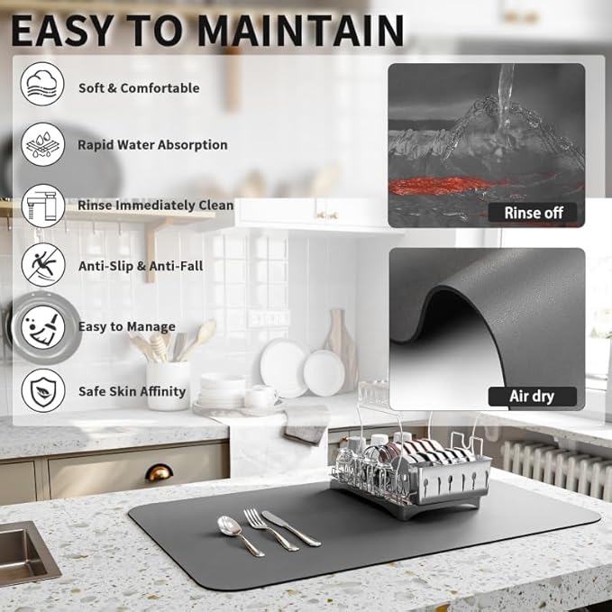 HotLive Dish Drying Mat for Kitchen Counter, Heat Resistant Drainer Mats with Non-slip Rubber Backed, Hide Stain Kitchen Super Absorbent Draining Mat, Easy to Clean Dish Rack Pad, Dark Grey 18"x28"