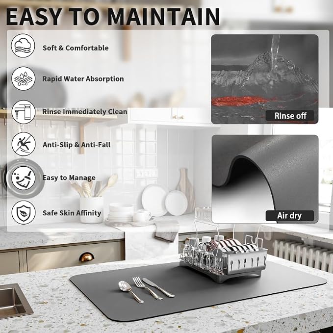 HotLive Dish Drying Mat for Kitchen Counter, Heat Resistant Drainer Mats with Non-slip Rubber Backed, Hide Stain Kitchen Super Absorbent Draining Mat, Easy to Clean Dish Rack Pad, Dark Grey 16"x20"