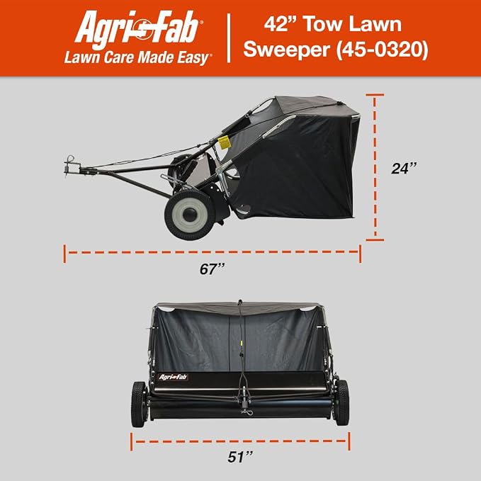 Agri-Fab 42 In Tow-Behind Lawn Sweeper with 12 Cu Ft Hopper Bag, Adjustable Brush Height and Easy Dump Rope