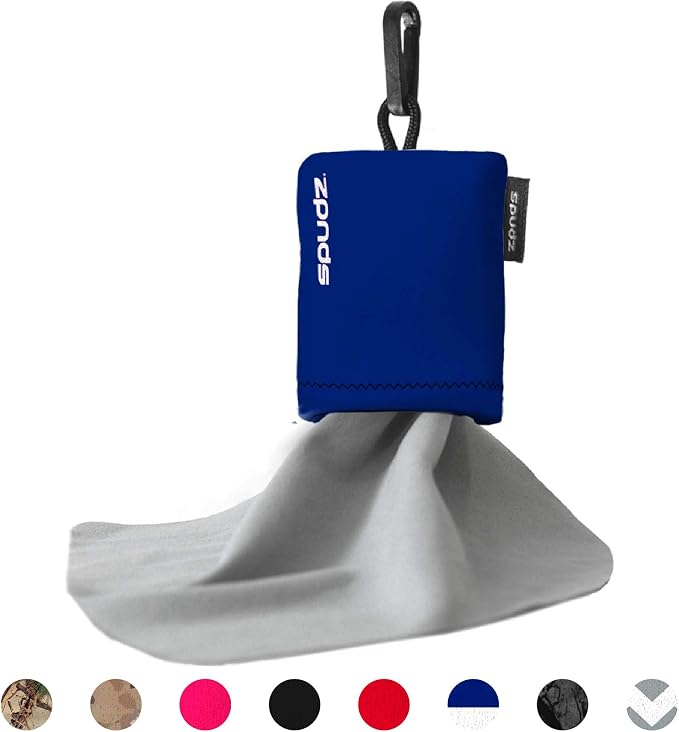 SPUDZ Classic Microfiber Lens Cleaner – Clip-On Pouch, Washable – for Binoculars, Scopes, Glasses, Screens | Classic | Navy Blue, 10 x 10 Inch