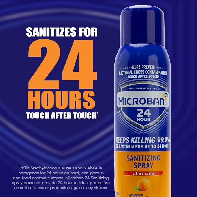 MICROBAN Sanitizing Spray, 15 oz., 2 Pack, Citrus, Disinfects, Sanitizes, Eliminates Odors, and Keeps Killing 99.9% of Bacteria on Hard, Non-Porous Surfaces in Your Home for up to 24 Hours