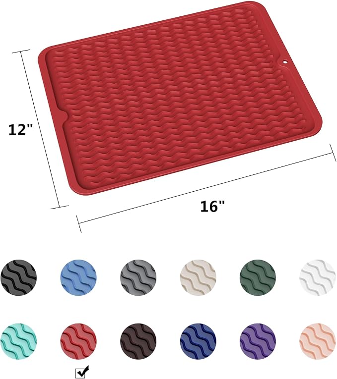 ZLR Silicone Dish Drying Mat for Kitchen Counter (12" x 16" / 307 x 405mm) - Large Fast-Dry Drainer Mat with Raised Wavy Ridges & 5mm Lip - Non-Slip, Heat Resistant 450°F, BPA-Free (Lava Red)