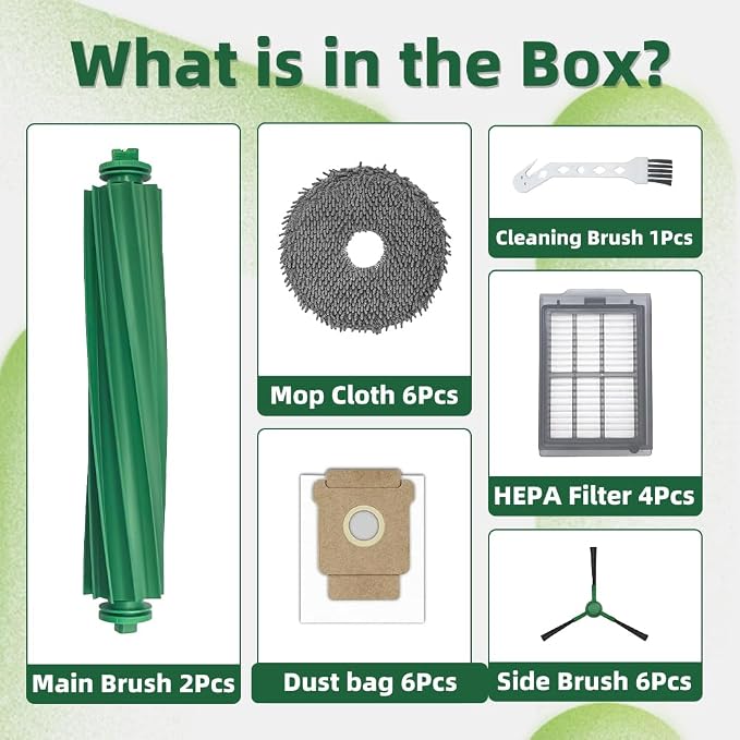 Accessories Kit for iRobot Roomba 505X Combo/Plus 405 Combo/505 Combo Robot Vacuum Cleaner, Replacement Parts Include 2 Main Brushes,6 Side Brushes,6 Dust Bags,6 Mop Pads, 4 Filters,1 Cleaning Tool