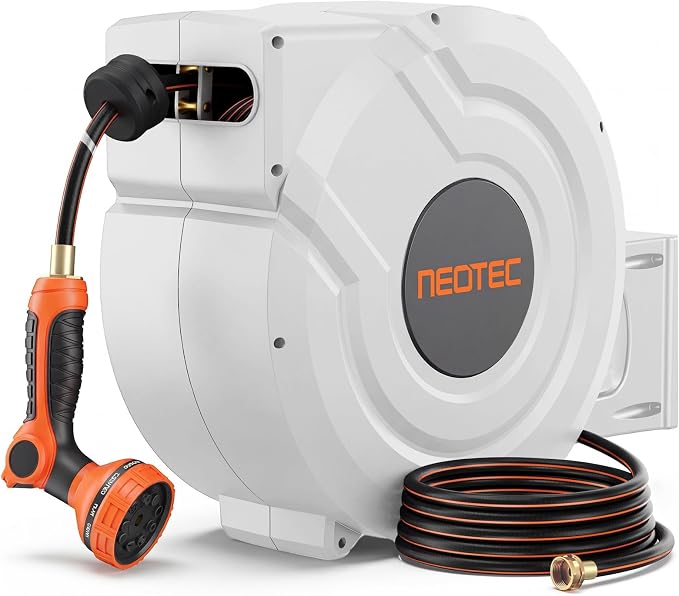 5/8 in 100ft Retractable Garden Hose Reel with Any-Length Lock Slow Auto Rewind Heavy Duty Water Hose Reel With 9-Pattern Nozzle 180° Swivel Bracket UV Resistant Wall Mounted Hose Reel for Outside