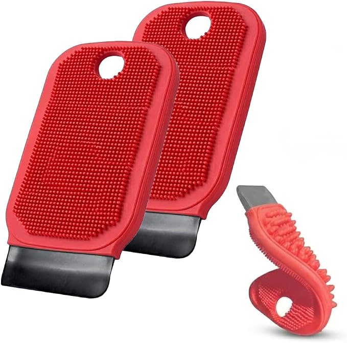 FlexiClean 3-in-1 Silicone Dish Sponge - BPA-Free Food-Grade Cleaning Brush with Dual-Sided Scrubber & Scraper, Hanging Hole Fast-Dry Reusable for Dishes/Fruits/Vegetables (Red 2PCS)