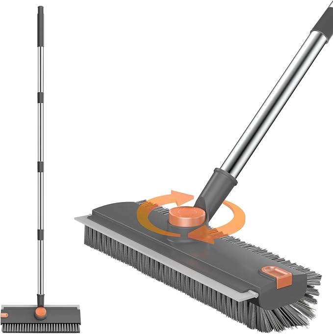 SetSail Floor Scrub Brush with 54in Adjustable Long Handle, Grey&Orange | 3 in 1 Floor Scrub Brush with Scraper and Stiff Bristle, Heavy Duty Floor Scrubber for Shower Bathroom Kitchen Patio Garage