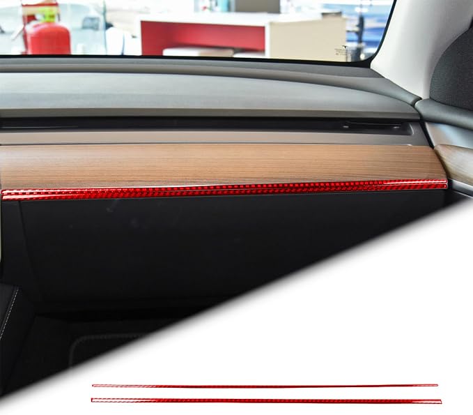 Red Real Carbon Fiber Trim for Tesla Accessories | for Model 3 2017-2022 / Model Y 2020-2024 Dashboard Co Pilot Decoration Strip Sticker Interior Thick Overlay Decal
