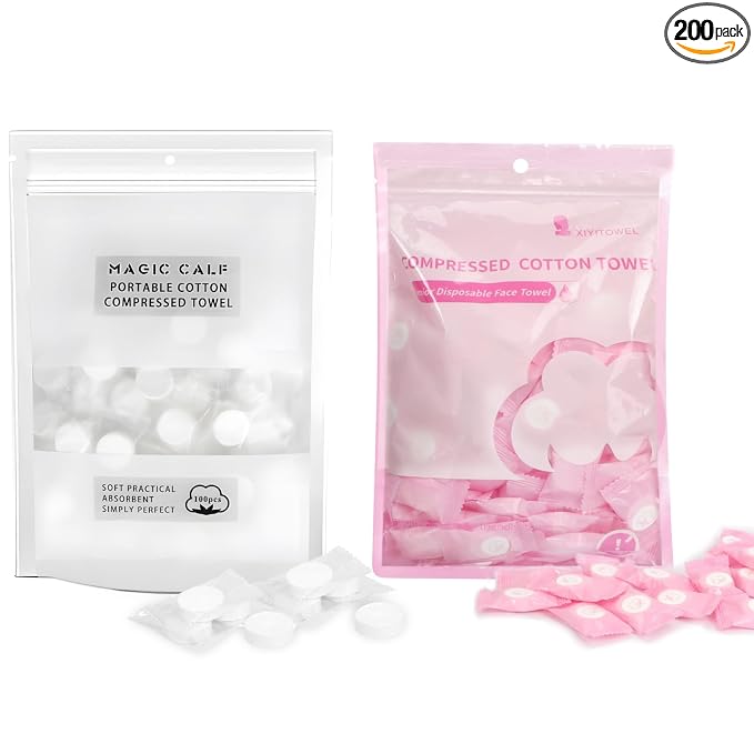 Classycoo 200 PCS Disposable Compressed Towels Tablets- Individually Wrapped Face Towel Travel, Portable Mini Magic Clean Towelettes Daily Single, Camping(Alcohol-Free, Odorless, Pink+White)