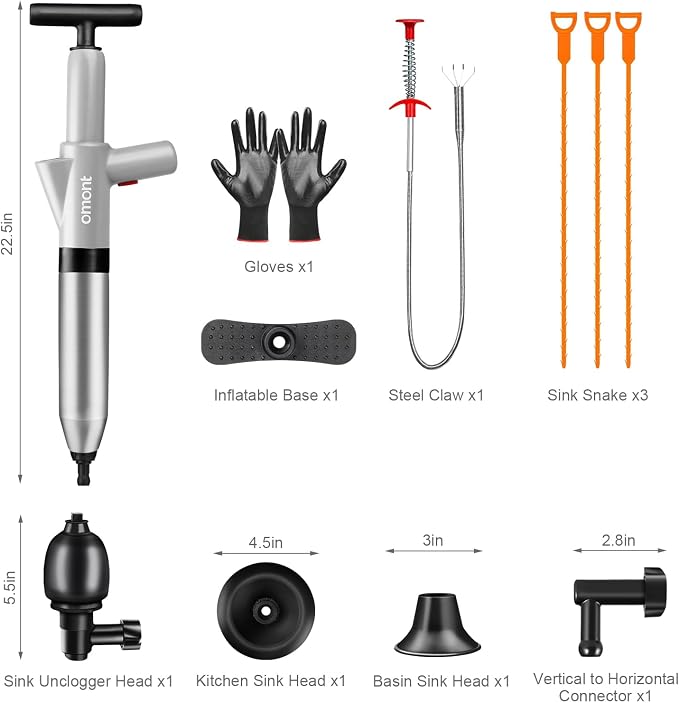 Toilet Plunger Drain Clog Remover: High Pressure Air Drainage Blaster Clog Remover Tool- Stainless Steel Gray Air Plunger for Bathroom, Sink, Floor, Kitchen Clogged