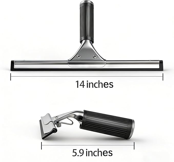 14-Inch Shower Squeegee for Glass Doors, Windows and Mirrors, Stainless Steel Bathroom Water Wiper with Flexible Blade and Ergonomic Handle
