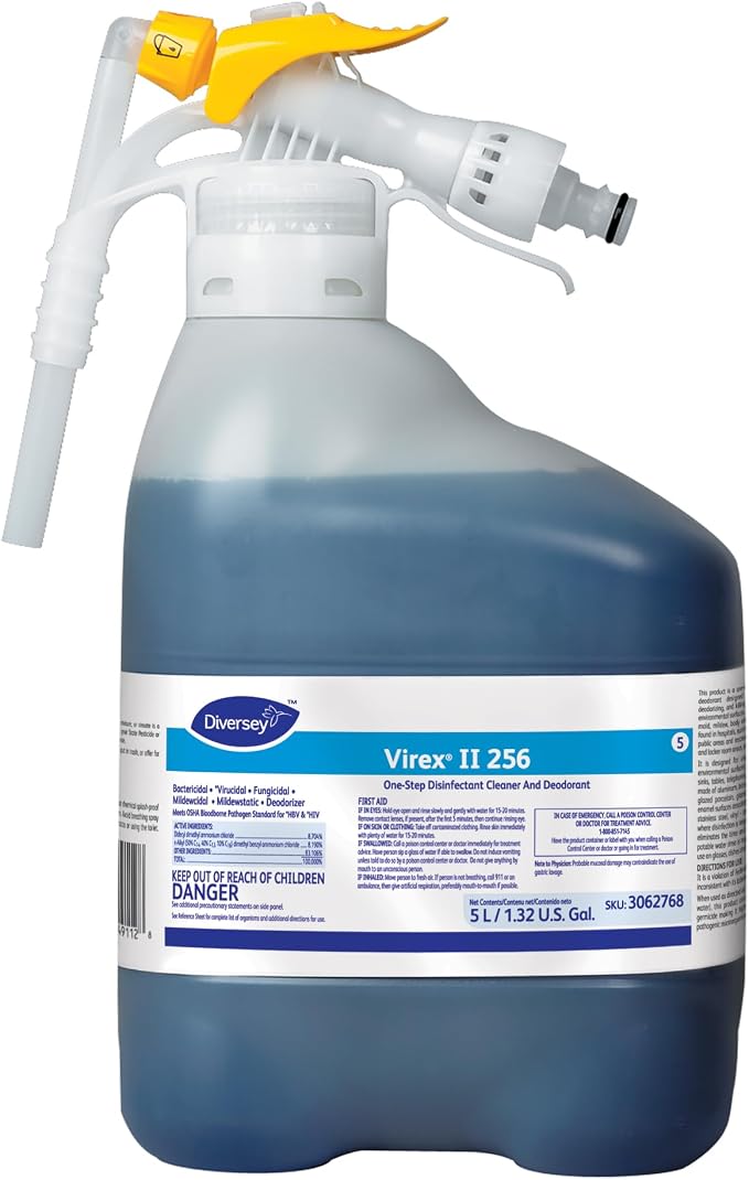 VIREX Diversey II 256 Disinfectant Cleaner RTD Conc, 5 L | One Step Cleaning, Fast Contact Time, Controls Odors, Cost Efficient 1:256 Dilution, Multi Surface Use