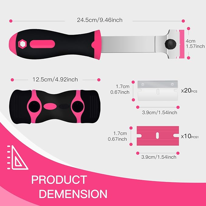 DEKEones Razor Blade Scraper, 2 PCS Razor Scraper Tool for Removing Label, Registration Sticker, Tint, Grease from Windshield, Appliance, Glass（Pink）
