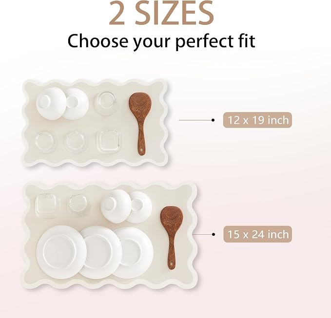 Scalloped Dish Drying Mat for Kitchen Counter, Absorbent Easy Clean Non-slip Coffee Bar Station Accessories, Trendy Cute Aesthetic Modern Drainer Kitchen Drying Mat, Beige 12" x 19"