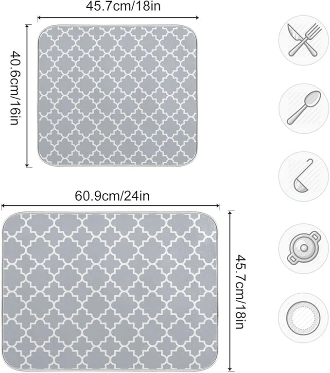 Super Absorbent Dish Drying Mat, Microfiber Fast-Drying Dish Mat, 16" x 18", Kitchen Dish Drying Pad, Grey Moroccan